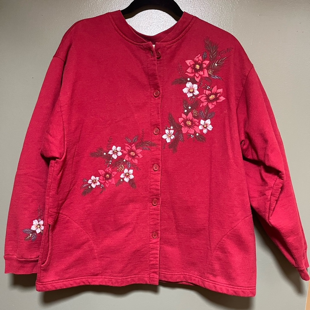 Vintage Artisans Grandmacore Button up Fleece Cardigan Flowers size L